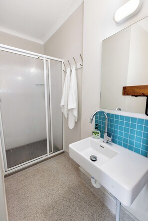 A bathroom with a shower, a sink, and a mirror. - Wanderlust NZ (Tauranga)