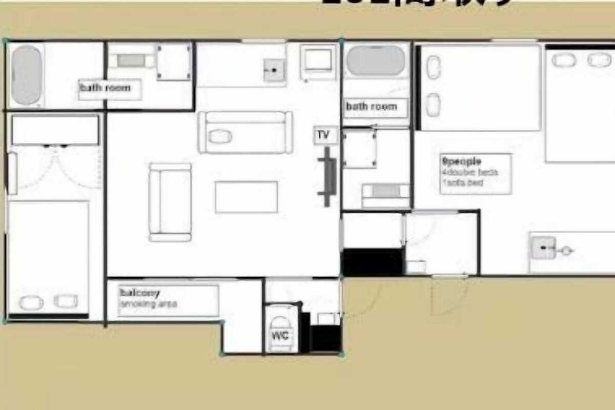 A hotel floor plan with multiple bathrooms, a TV, a balcony smoking area, and a WC.