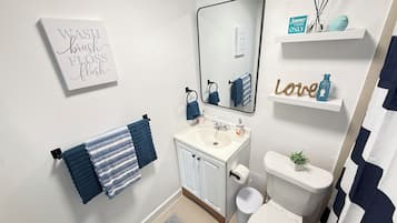 Regadera, secadora de cabello, toallas, jabón