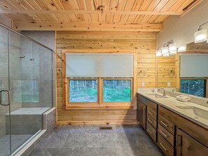 Shower, towels - New: Modern Cabin Home with Free Golf + More (Swanton)