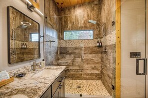 Shower, towels - Wellness Retreat! Peloton, Hot Tub, Sauna, Outdoor Gym, Views, and 2 King Suites (Cherry Log)