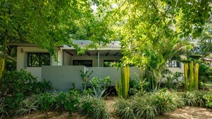 Ein modernes Haus mit einer überdachten Terrasse, umgeben von üppiger Vegetation und Kakteen.