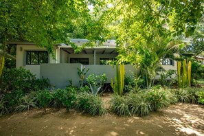 Une maison moderne dotée d’un patio couvert, entourée d’une végétation luxuriante et de cactus.