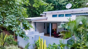 Een modern huis met een patio, omringd door verschillende planten en cactussen.