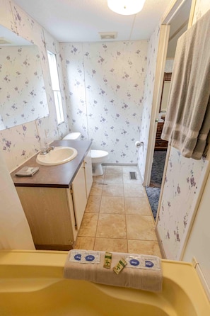 Un bagno piccolo con lavandino, WC e zona doccia.