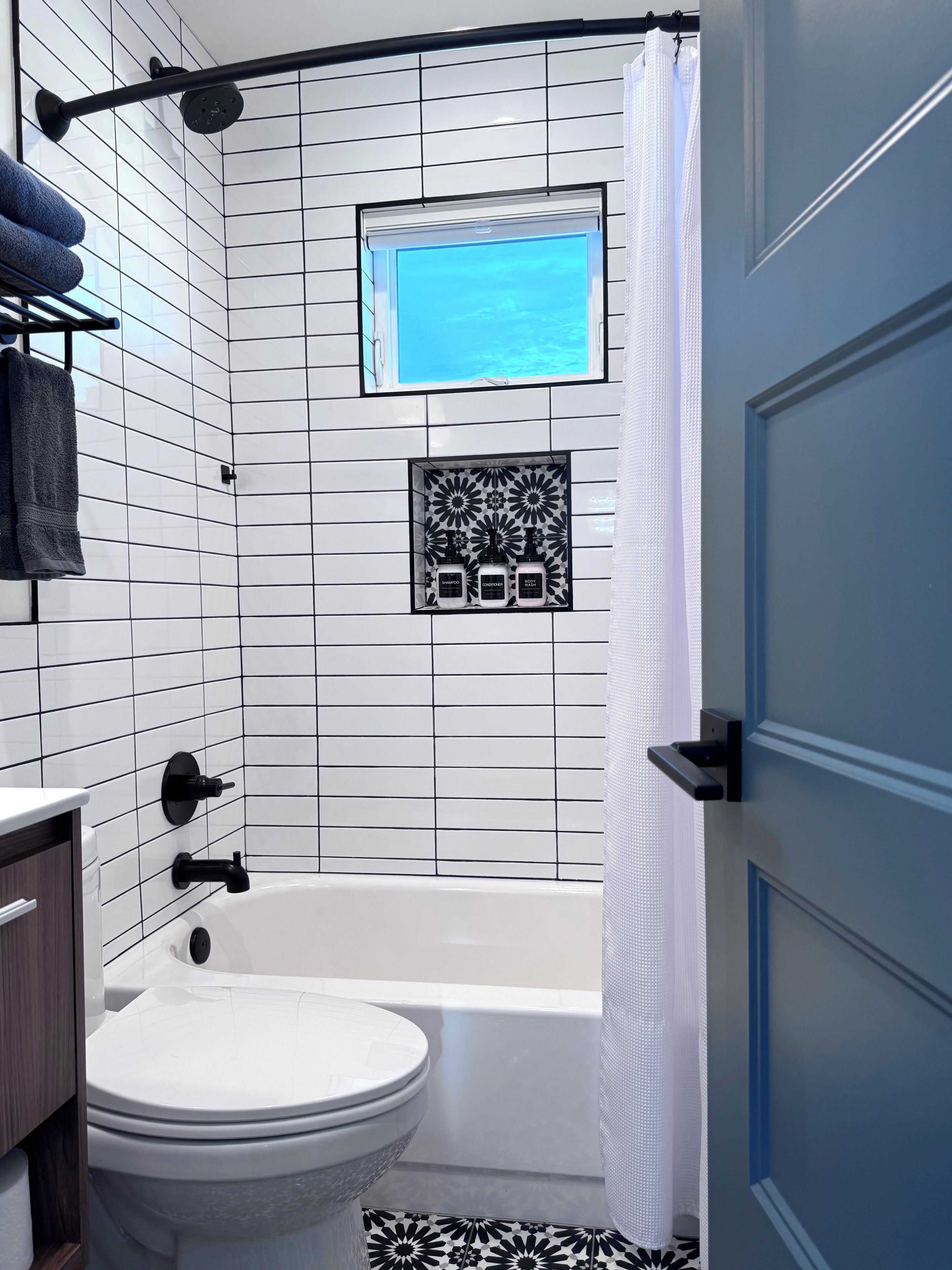 Hair dryer, towels, soap, shampoo