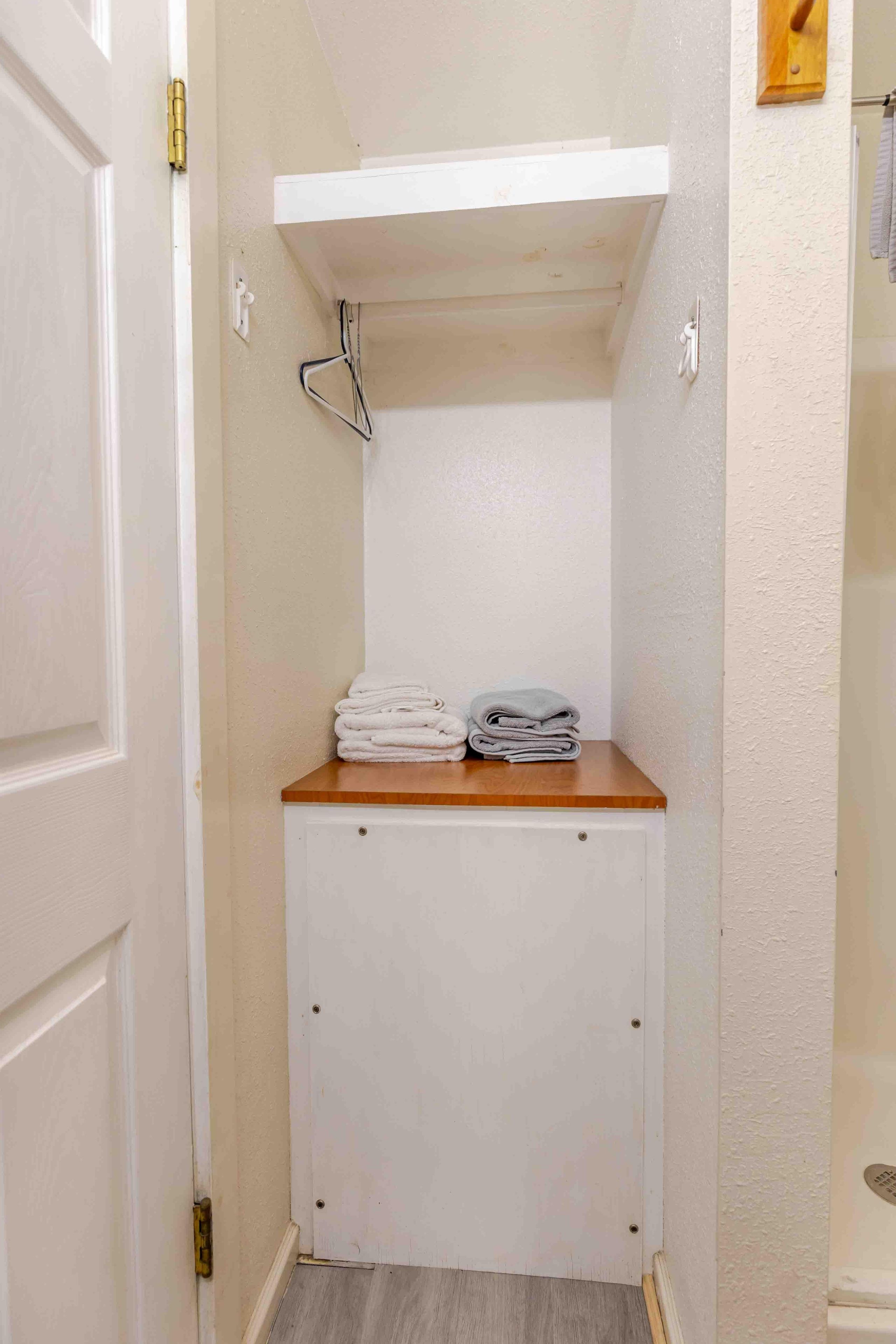 Un petit espace de rangement fermé, doté d’une étagère en bois et d’une porte blanche.