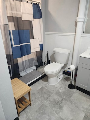 Hair dryer, towels, soap, toilet paper