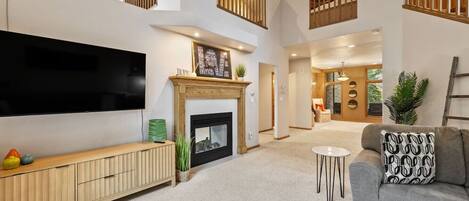 Smart TV, fireplace, books