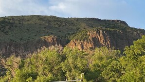 A mountainous landscape with dense green vegetation in the foreground and a rocky hill in the background. - Marvelous 1-bedroom cabin “Moose”in Ririe (Rigby)