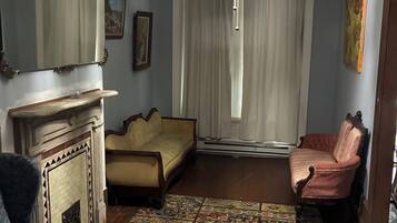 TV, fireplace, books