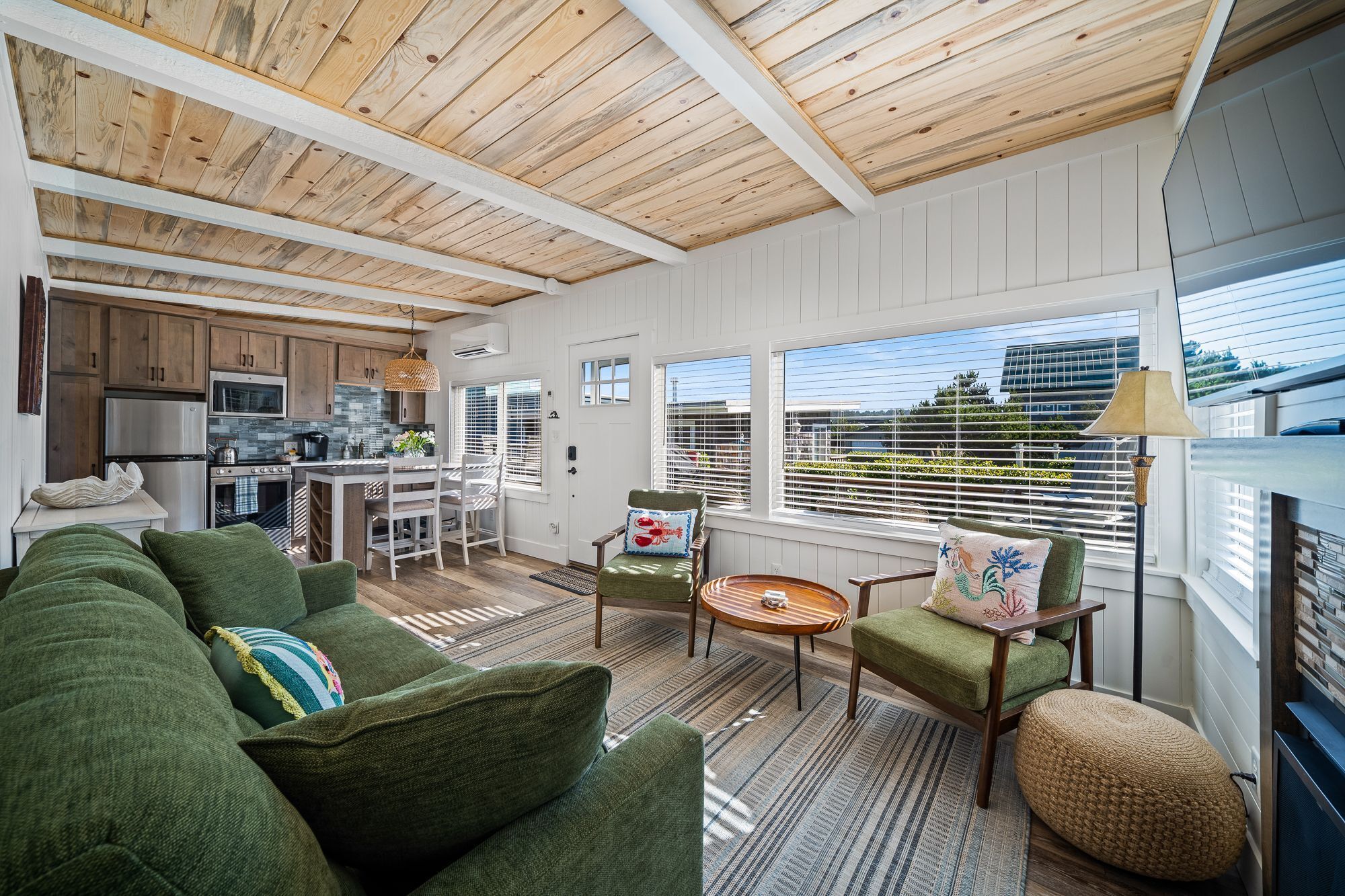 TV, fireplace, books