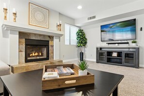 Smart TV, fireplace, books