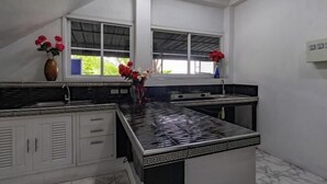 Une cuisine avec un mur recouvert de carreaux noirs et blancs, une fenêtre offrant une belle vue et un vase rempli de fleurs rouges.