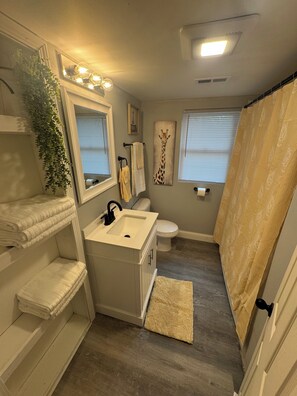 Hair dryer, towels, soap, toilet paper