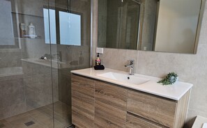 Hair dryer, towels, soap, toilet paper