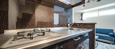 Full-size fridge, microwave, stovetop