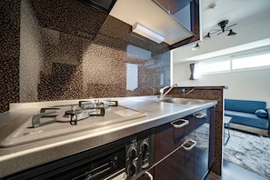 Full-size fridge, microwave, stovetop, electric kettle
