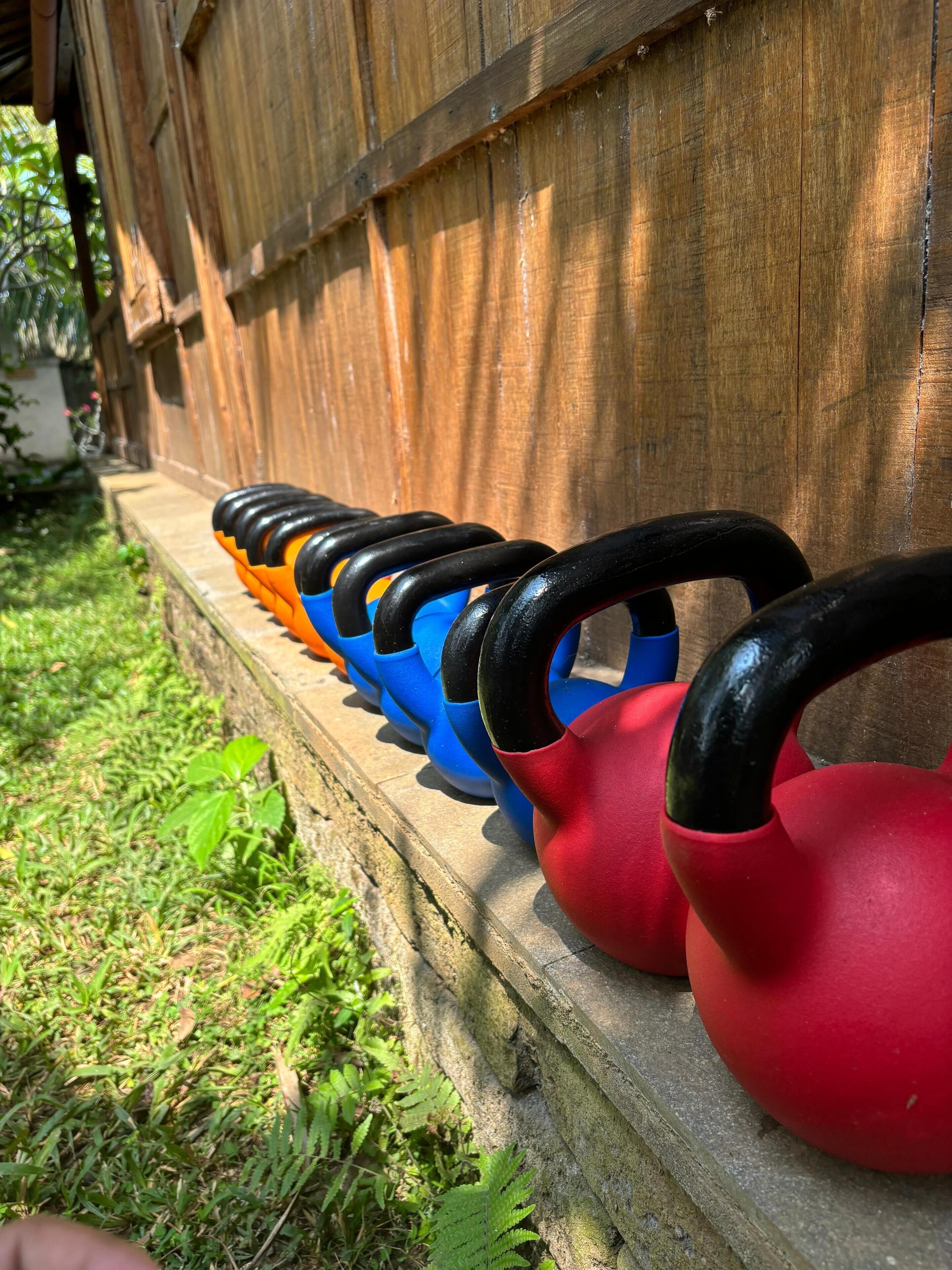 A row of kettlebells of various colors lined up against a wooden wall.