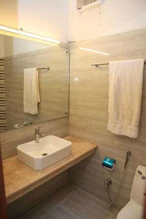 Hair dryer, bidet, towels, soap