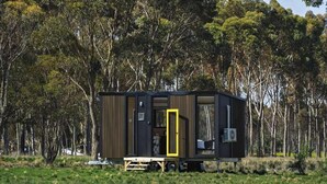 Uma cabana compacta e moderna, com exterior escuro e porta amarela, localizada em um campo gramado com árvores ao fundo.