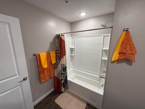 Hair dryer, towels, soap, toilet paper
