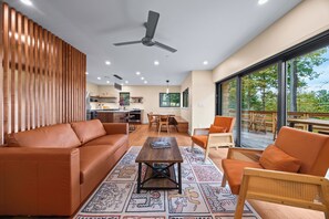 Smart TV, fireplace, books