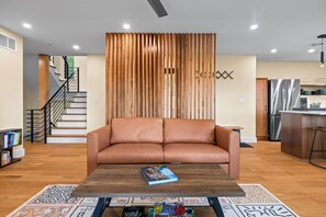 Smart TV, fireplace, books