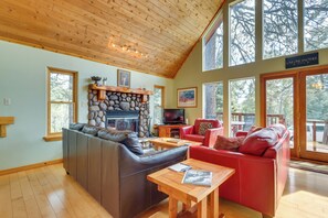 TV, fireplace, books