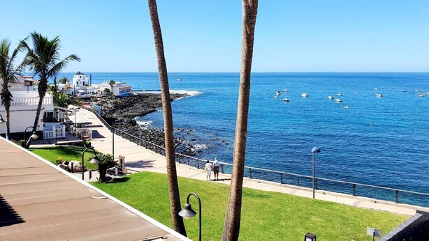 A coastal view with a promenade, palm trees, and a clear blue sea.