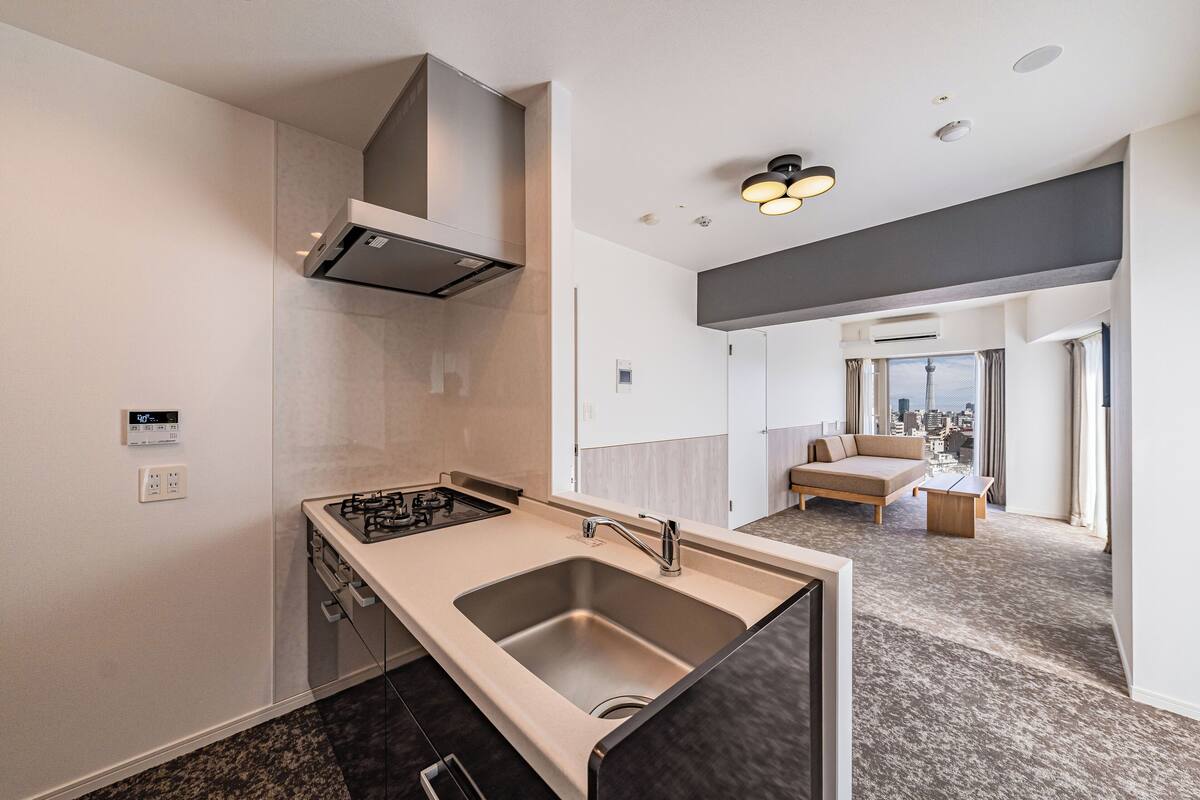 Cocina moderna con estufa integrada, lavamanos y campana extractora. Cuenta con un comedor con sofá y vistas a la ciudad.