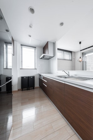 Fridge, microwave, stovetop, electric kettle