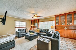 TV, fireplace, books