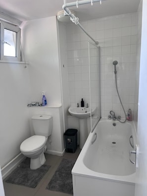 Hair dryer, towels, soap, toilet paper