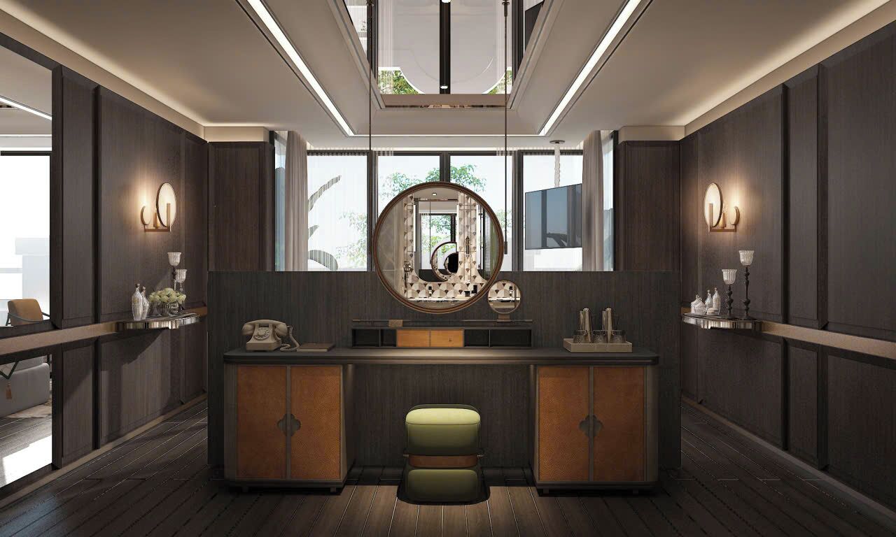 Een moderne badkamer met een wastafelmeubel, spiegel en inbouwkastjes.