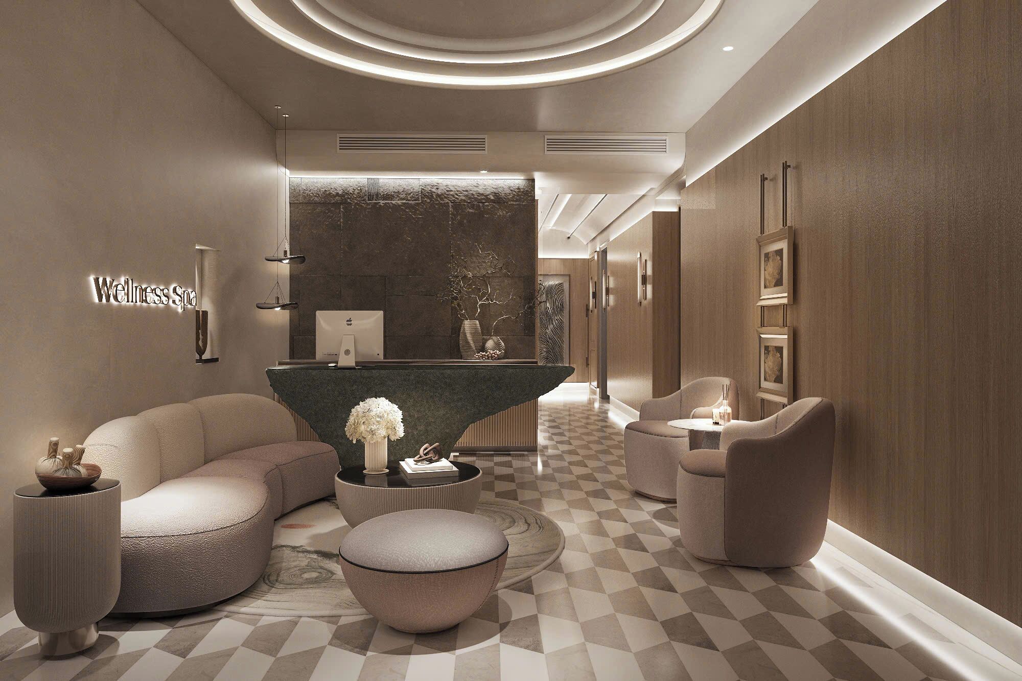 A modern wellness spa lobby with a reception desk, seating area, and a checkered floor pattern.