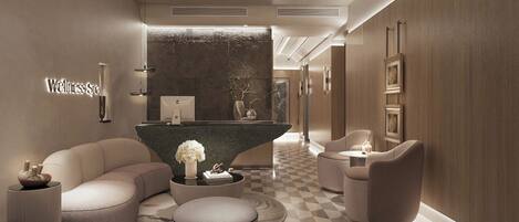 A modern wellness spa lobby with a reception desk, seating area, and a checkered floor pattern.