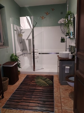 Dusche, Haartrockner, Handtücher, Seife