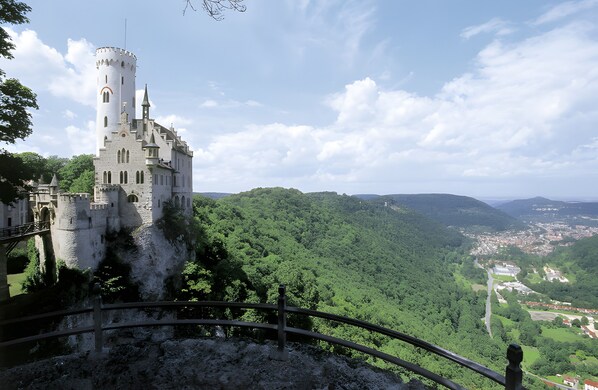 A castle with a tower, surrounded by lush greenery and a valley below.