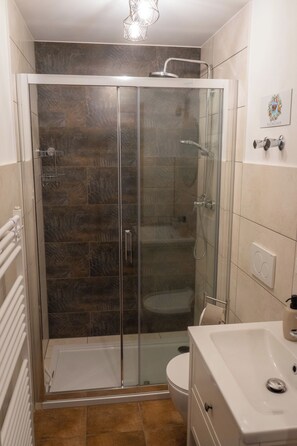 Ein modernes Badezimmer mit einer Duschkabine, einem weißen Waschbecken und einer Toilette.