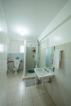 Shower, towels, soap, toilet paper
