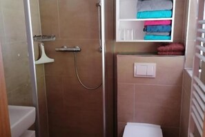 Regadera, secadora de cabello, toallas, papel de baño 