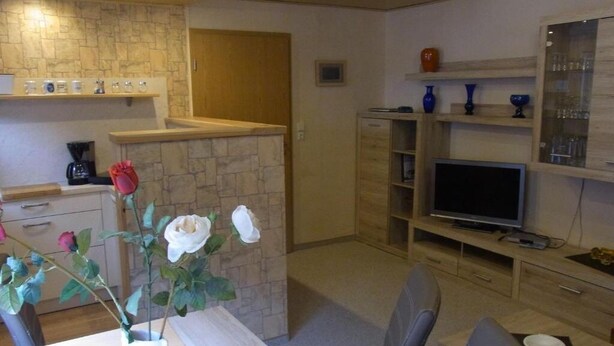 Uma sala de estar moderna com lareira de pedra, uma televisão e uma área de jantar com mesa e cadeiras.