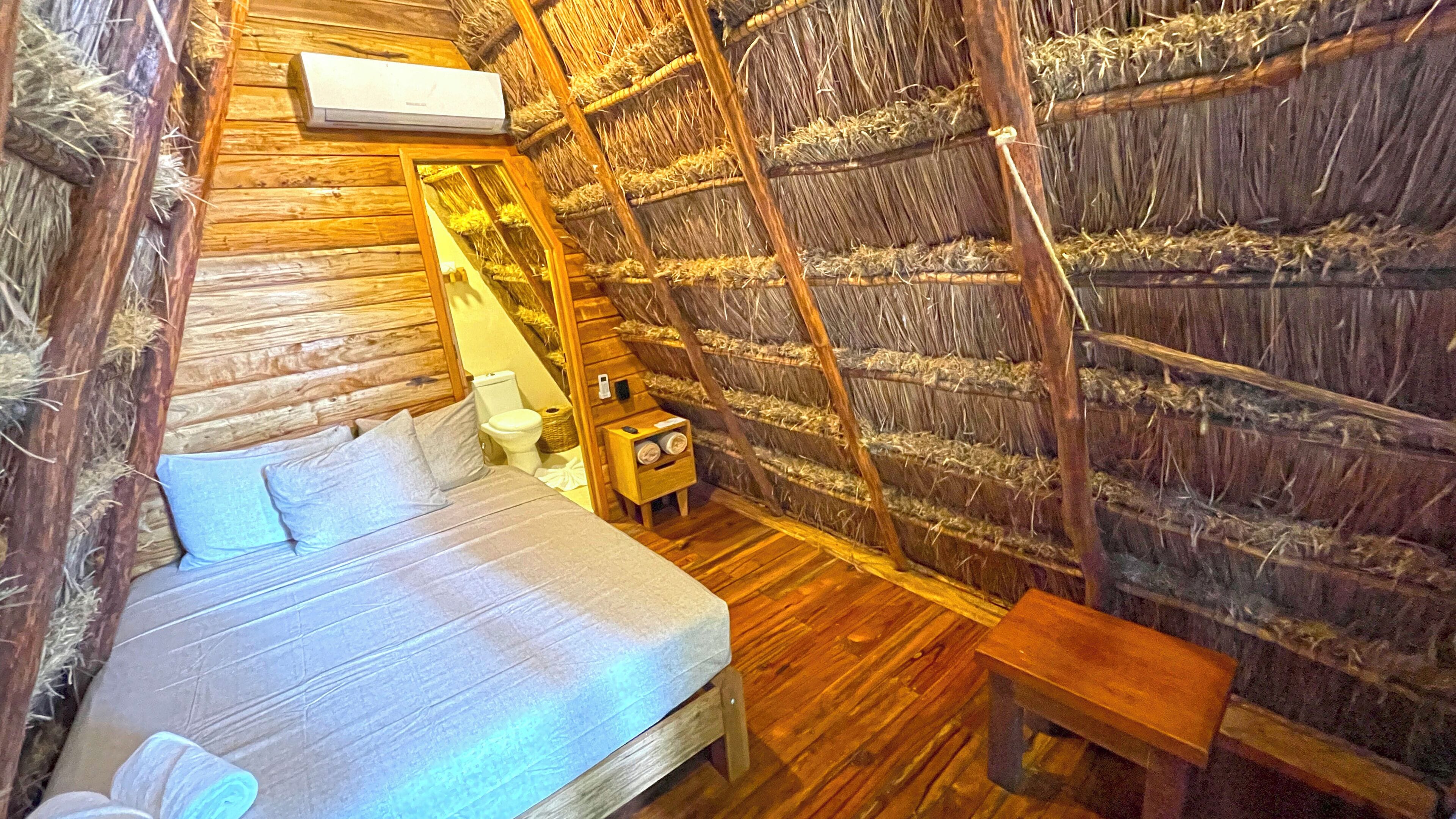 A compact wooden room with a bed, a small bedside table, a toilet, and a ladder leading to a loft area.