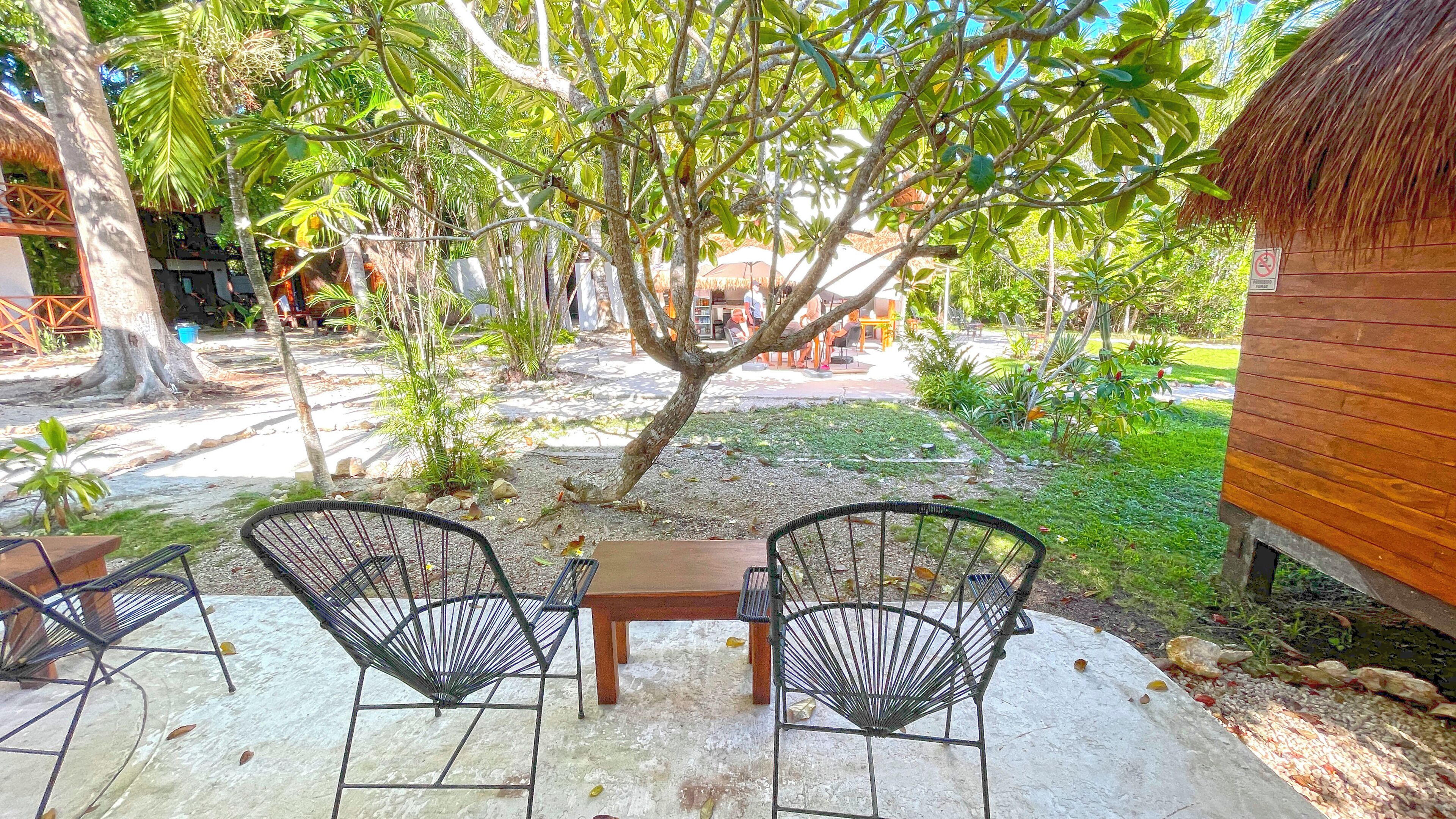 An outdoor seating area with metal chairs and a table, surrounded by greenery and a thatched-roof structure.