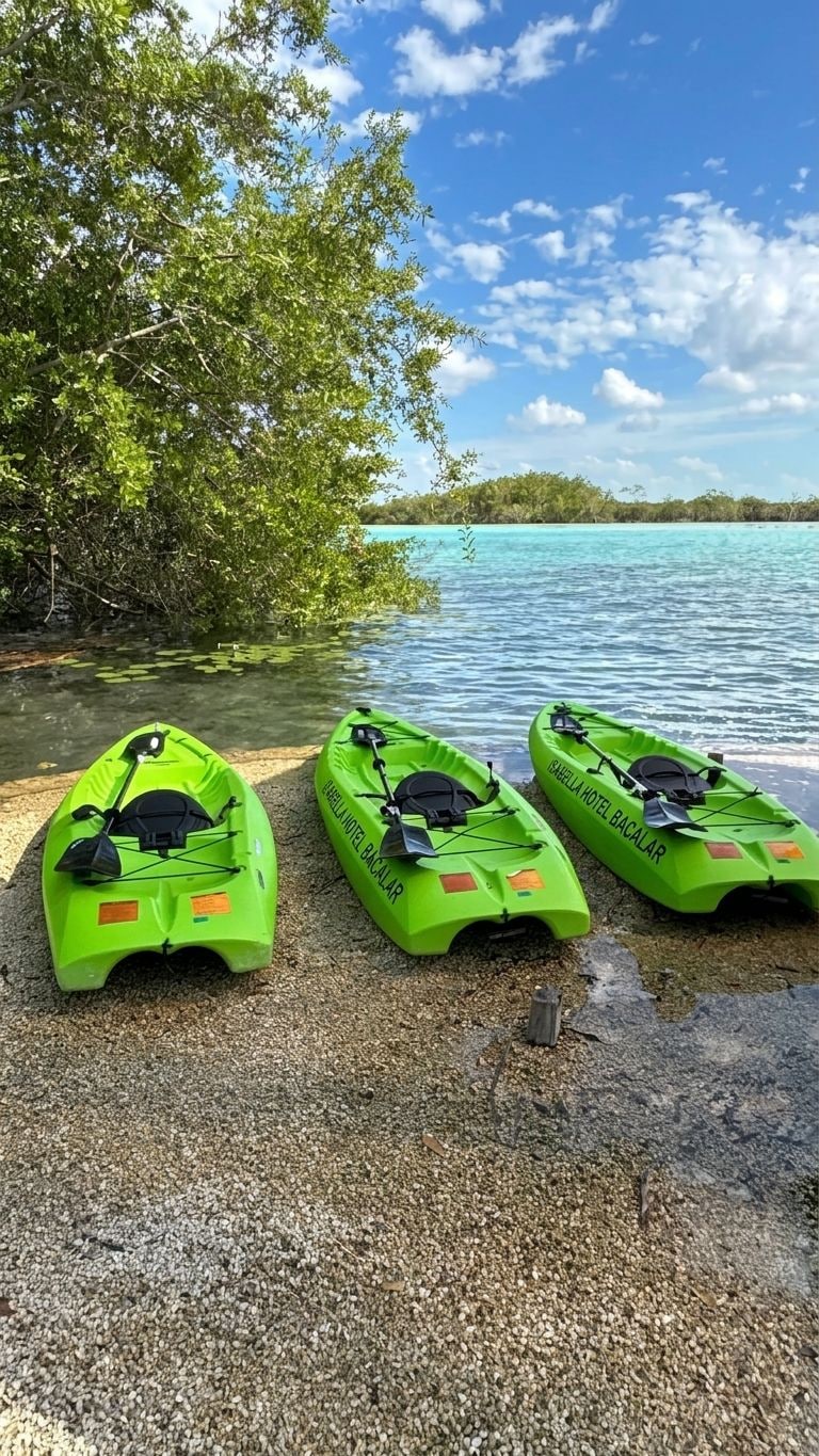 Trois kayaks sur une plage de galets, avec une vue dégagée sur l’eau et une rive bordée d’arbres.