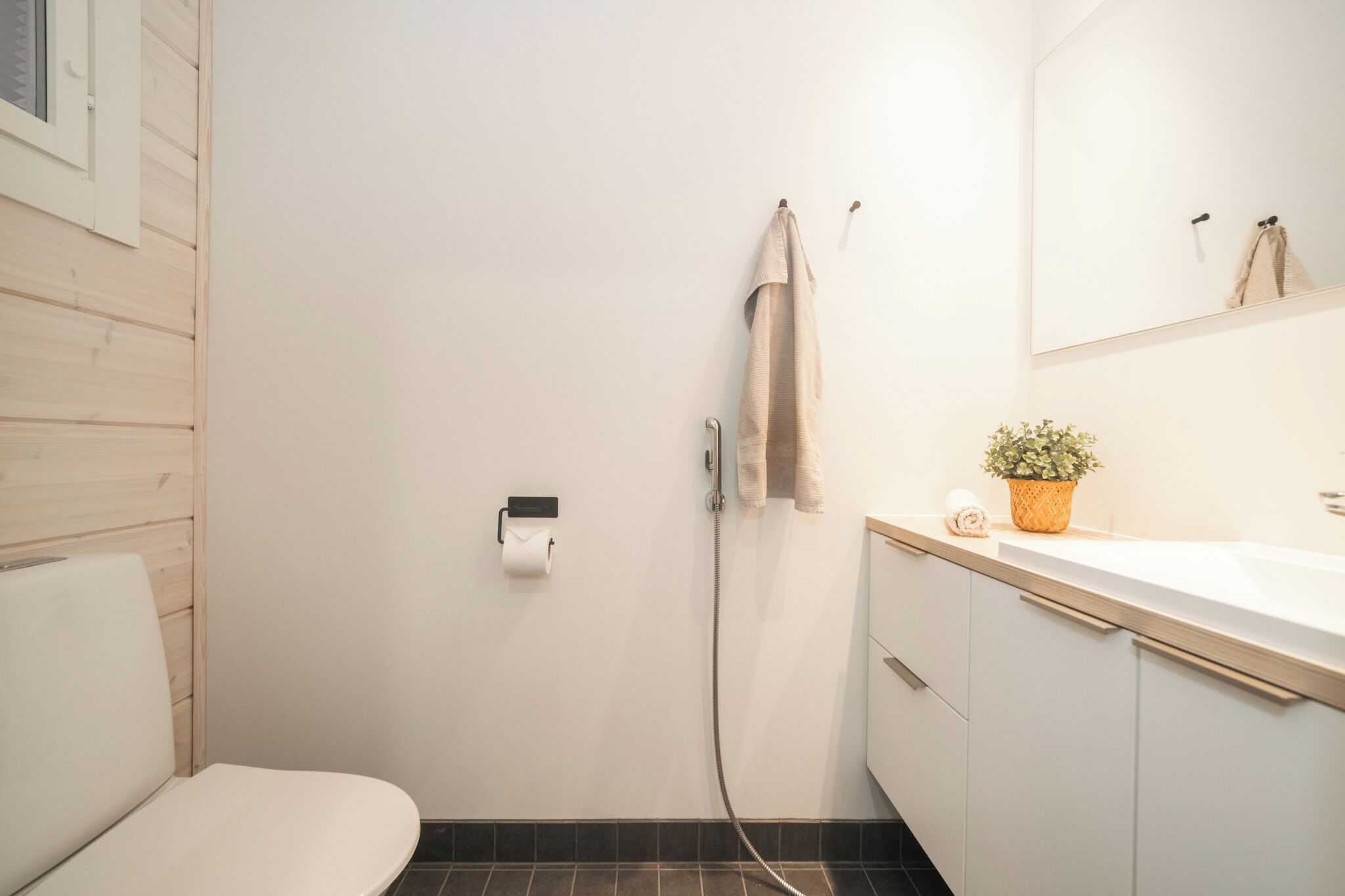 A bathroom with a toilet, a sink, a mirror, a towel rack, a potted plant, and a shower hose.