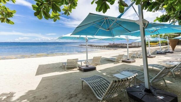 Un salón junto a la playa con tumbonas y sombrillas, con vista al océano.