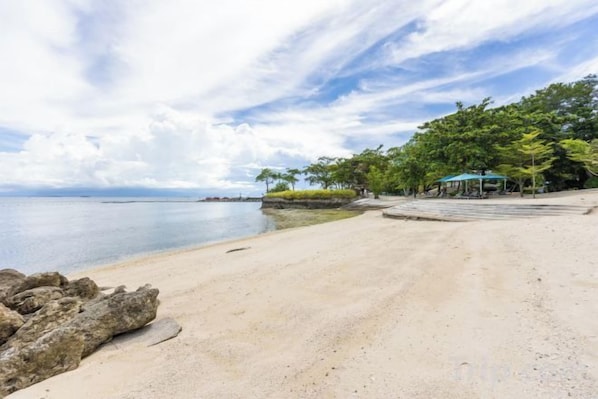 A beach with a clear sky, calm sea, and a few trees.
