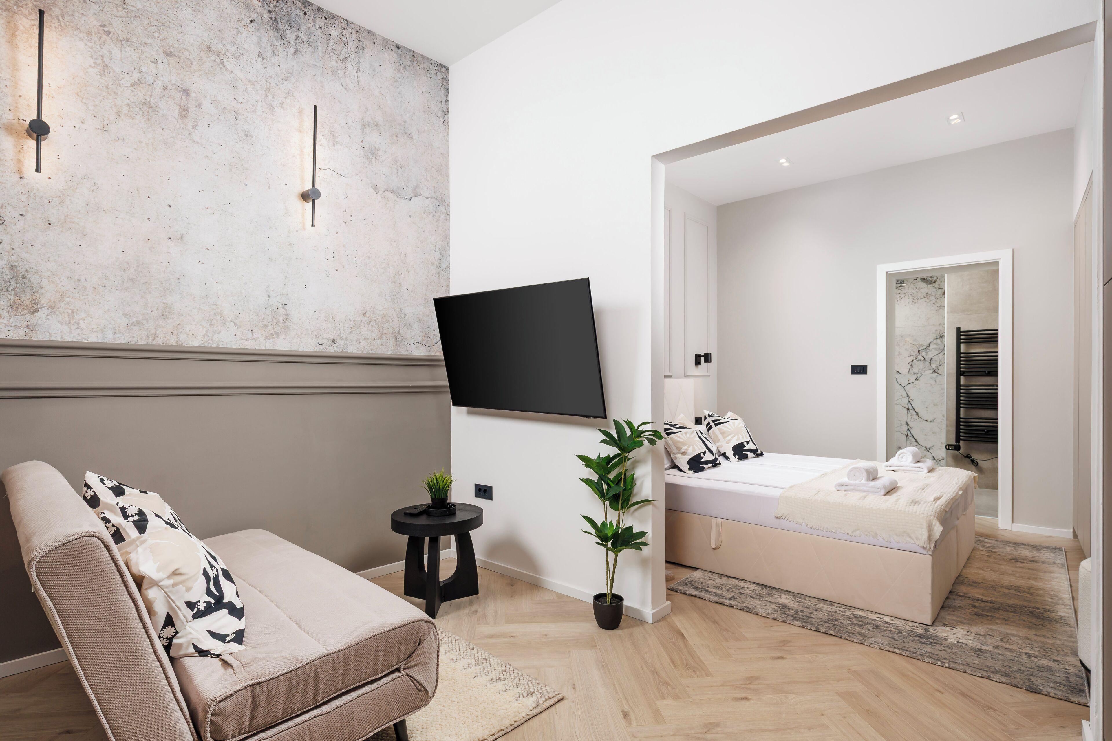 A modern bedroom with a bed, a sofa, a TV, and a small table with a plant.